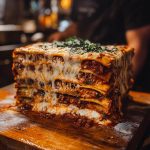 "Million dollar lasagna baked in a casserole dish with golden melted cheese, rich layers of pasta, meat sauce, and creamy filling."