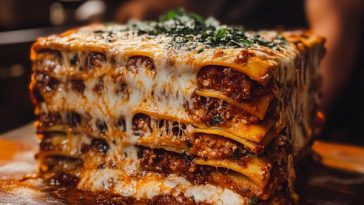 "Million dollar lasagna baked in a casserole dish with golden melted cheese, rich layers of pasta, meat sauce, and creamy filling."