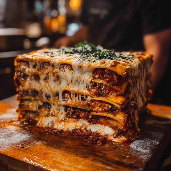 "Million dollar lasagna baked in a casserole dish with golden melted cheese, rich layers of pasta, meat sauce, and creamy filling."