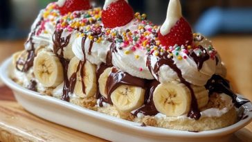 "A layered banana split delight dessert with creamy pudding, whipped topping, fresh bananas, strawberries, and drizzled chocolate syrup."
