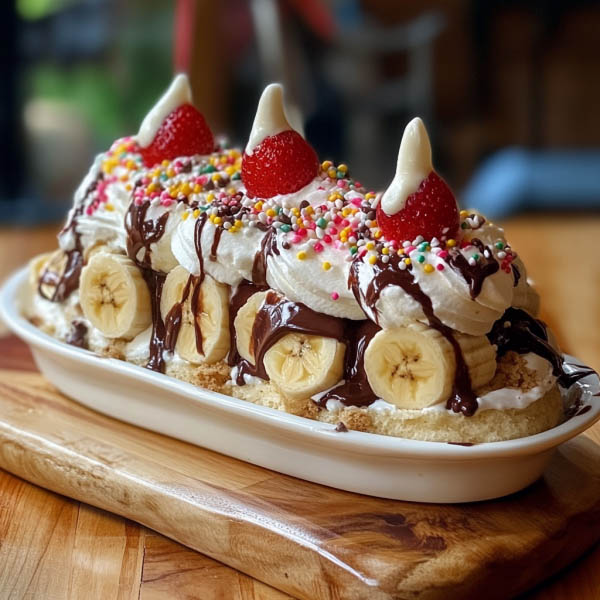 "A layered banana split delight dessert with creamy pudding, whipped topping, fresh bananas, strawberries, and drizzled chocolate syrup."