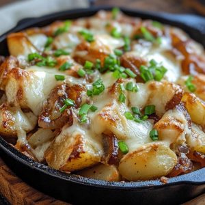 “A golden-brown French onion potato bake topped with melted cheese and caramelized onions in a casserole dish.”