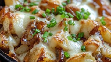 “A golden-brown French onion potato bake topped with melted cheese and caramelized onions in a casserole dish.”