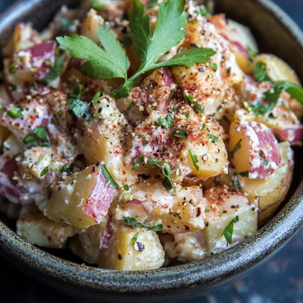 “A vibrant potato salad tossed with sumac, fresh herbs, and olive oil, served in a rustic bowl.”
