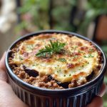 “A baked Greek eggplant moussaka with golden béchamel topping, layered eggplant, ground beef, and rich tomato sauce.”