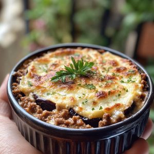 “A baked Greek eggplant moussaka with golden béchamel topping, layered eggplant, ground beef, and rich tomato sauce.”