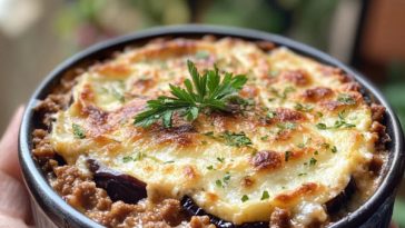 “A baked Greek eggplant moussaka with golden béchamel topping, layered eggplant, ground beef, and rich tomato sauce.”
