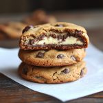 A stack of golden-brown chocolate chip cookies with creamy cheesecake filling oozing from the center, served on a rustic plate.