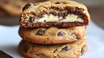 A stack of golden-brown chocolate chip cookies with creamy cheesecake filling oozing from the center, served on a rustic plate.