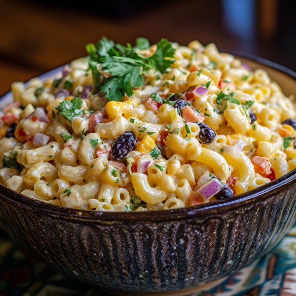A colorful bowl of Mexican macaroni salad with pasta, corn, beans, peppers, and cilantro, served chilled.