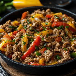 “A skillet of ground turkey cooked with colorful bell peppers, onions, and herbs, served as a healthy dinner.”