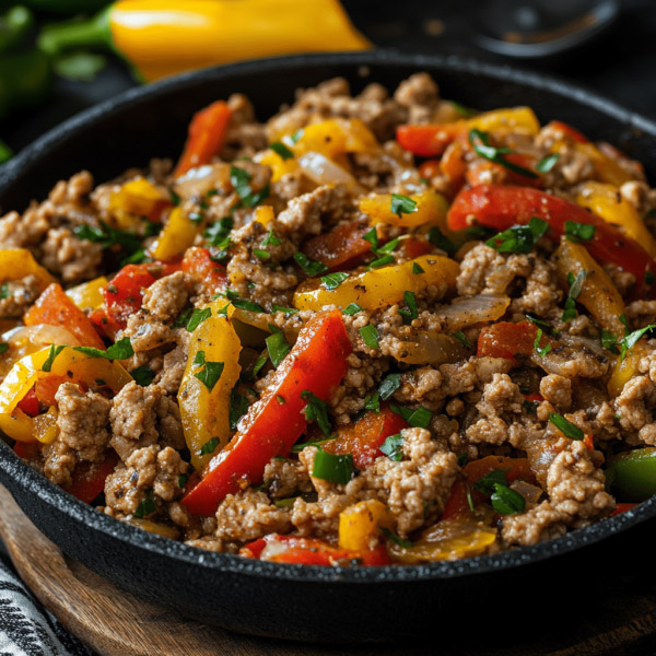 “A skillet of ground turkey cooked with colorful bell peppers, onions, and herbs, served as a healthy dinner.”