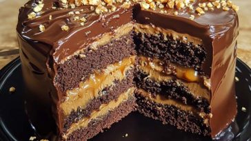 “A rich chocolate caramel toffee crunch cake topped with gooey caramel drizzle and crunchy toffee bits.”