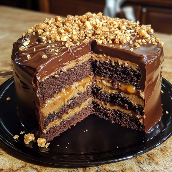 “A rich chocolate caramel toffee crunch cake topped with gooey caramel drizzle and crunchy toffee bits.”