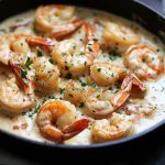 “A skillet filled with creamy garlic shrimp garnished with parsley, served with pasta and lemon wedges.”