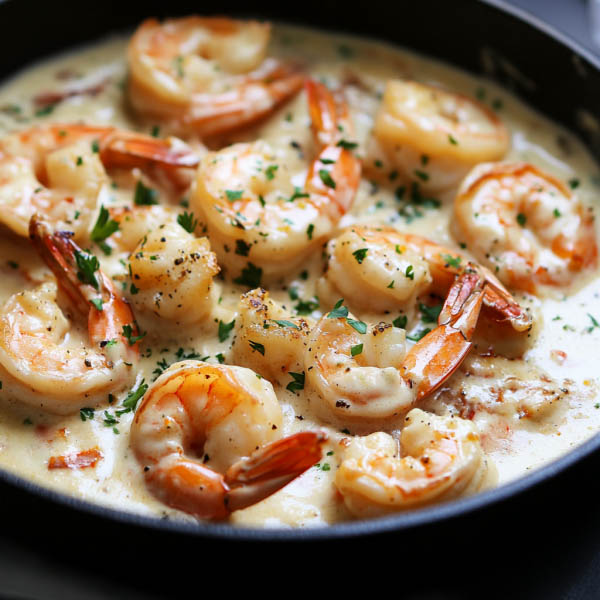 “A skillet filled with creamy garlic shrimp garnished with parsley, served with pasta and lemon wedges.”