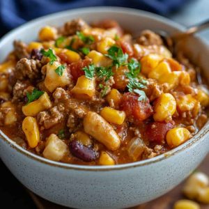 “A slow cooker cowboy casserole with ground beef, beans, potatoes, corn, and melted cheese served hot.”