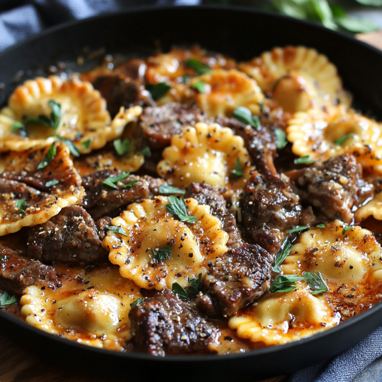 One-Skillet Garlic Butter Steak & Cheese Ravioli - Gymonset