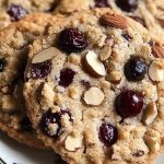 Close-up of golden-brown cherry almond cookies on a decorative plate, topped with sliced almonds and glistening cherries for a festive, homemade look.