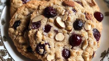 Close-up of golden-brown cherry almond cookies on a decorative plate, topped with sliced almonds and glistening cherries for a festive, homemade look.