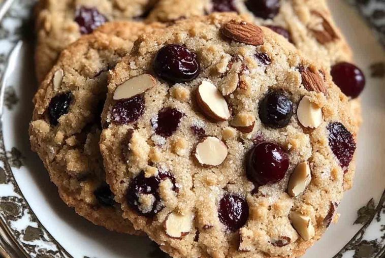Close-up of golden-brown cherry almond cookies on a decorative plate, topped with sliced almonds and glistening cherries for a festive, homemade look.