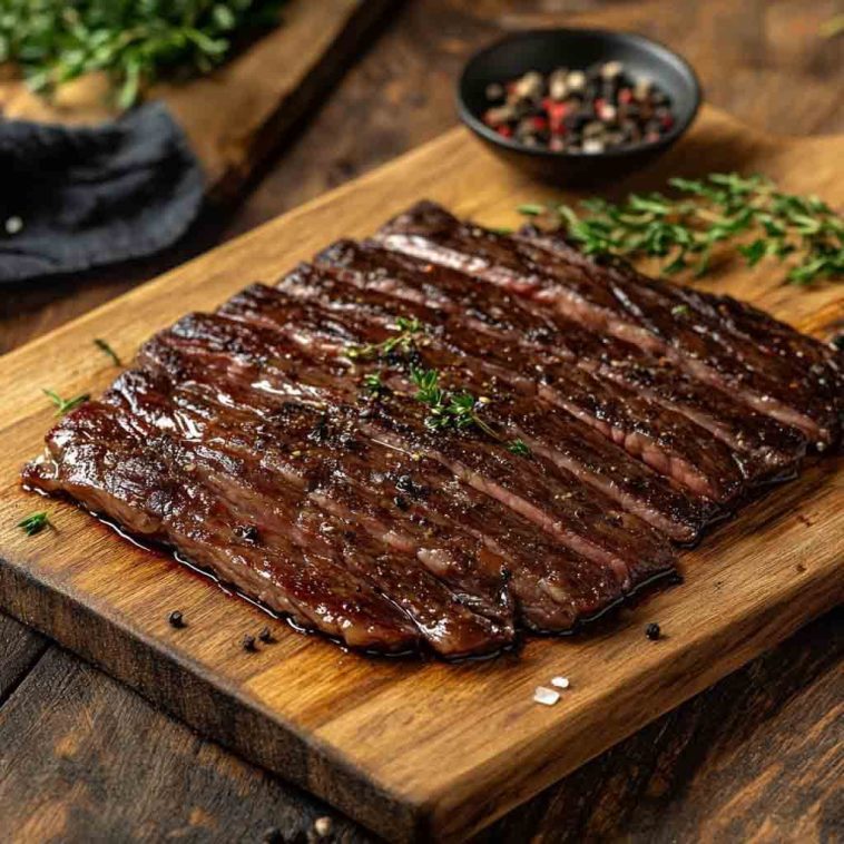 A beautifully cooked and sliced flank steak on a wooden cutting board. The steak appears to be seasoned with cracked black pepper and garnished with fresh thyme, giving it a savory and aromatic finish.
