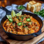 A sizzling skillet filled with golden-seared chicken smothered in creamy Texas Roadhouse-style butter sauce, garnished with herbs and served with warm rolls.