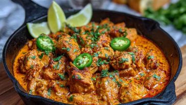 A sizzling skillet filled with golden-seared chicken smothered in creamy Texas Roadhouse-style butter sauce, garnished with herbs and served with warm rolls.