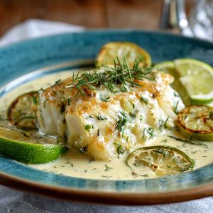Tender baked cod fillets nestled in a creamy coconut lemon sauce, garnished with fresh herbs and lemon slices, served in a white ceramic dish.