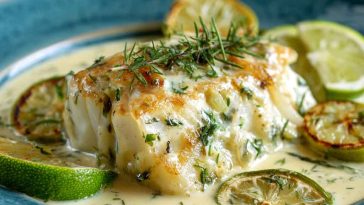 Tender baked cod fillets nestled in a creamy coconut lemon sauce, garnished with fresh herbs and lemon slices, served in a white ceramic dish.