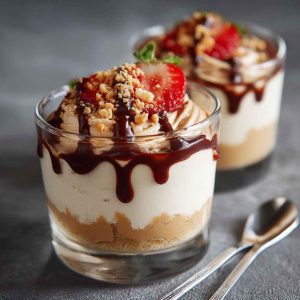 A glass jar filled with whipped cottage cheese peanut butter mousse, topped with crushed peanuts and a drizzle of honey, served with a spoon.