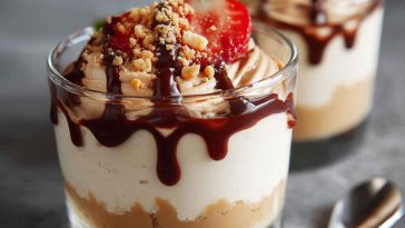 A glass jar filled with whipped cottage cheese peanut butter mousse, topped with crushed peanuts and a drizzle of honey, served with a spoon.
