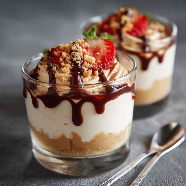 A glass jar filled with whipped cottage cheese peanut butter mousse, topped with crushed peanuts and a drizzle of honey, served with a spoon.