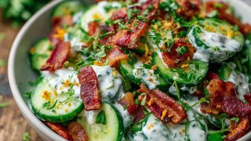 A refreshing bowl of cucumber bacon ranch salad with sliced cucumbers, crispy bacon bits, chopped herbs, and creamy ranch dressing, served chilled.