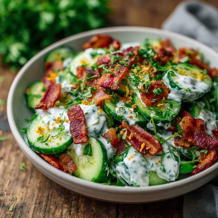 A refreshing bowl of cucumber bacon ranch salad with sliced cucumbers, crispy bacon bits, chopped herbs, and creamy ranch dressing, served chilled.