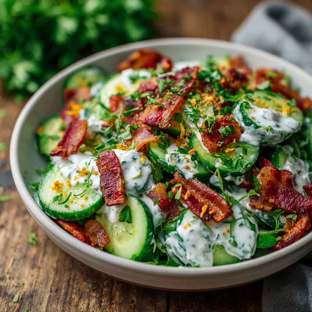 A refreshing bowl of cucumber bacon ranch salad with sliced cucumbers, crispy bacon bits, chopped herbs, and creamy ranch dressing, served chilled.