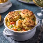 Golden Cheddar Bay biscuits baked over a creamy seafood pot pie filling with shrimp, crab, and vegetables, served in a rustic casserole dish.