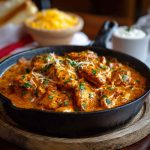 Golden skillet of butter chicken with creamy sauce, garnished with herbs and served with mashed potatoes.
