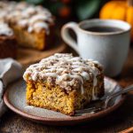 A slice of moist pumpkin coffee cake topped with cinnamon streusel and drizzled with glaze, served on a rustic plate with fall decor.