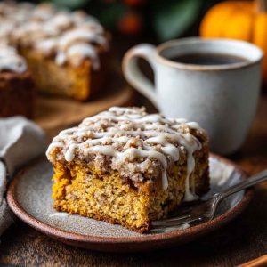A slice of moist pumpkin coffee cake topped with cinnamon streusel and drizzled with glaze, served on a rustic plate with fall decor.