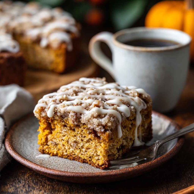 A slice of moist pumpkin coffee cake topped with cinnamon streusel and drizzled with glaze, served on a rustic plate with fall decor.