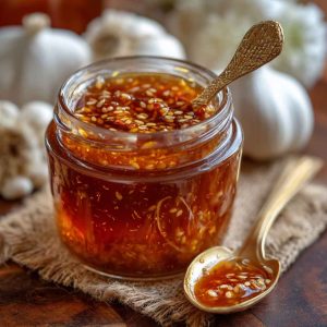 A jar of glossy honey garlic sauce with a spoonful drizzling over grilled chicken, surrounded by fresh garlic cloves and a honey dipper.