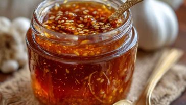 A jar of glossy honey garlic sauce with a spoonful drizzling over grilled chicken, surrounded by fresh garlic cloves and a honey dipper.
