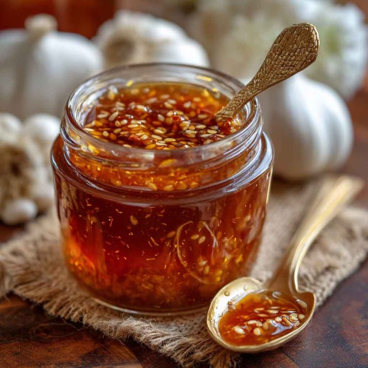 A jar of glossy honey garlic sauce with a spoonful drizzling over grilled chicken, surrounded by fresh garlic cloves and a honey dipper.