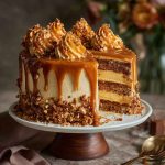 A decadent slice of caramel toffee crunch cake topped with gooey caramel drizzle and crushed toffee bits, served on a dessert plate with a fork.