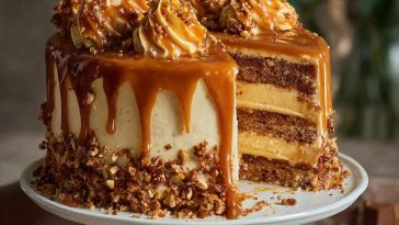 A decadent slice of caramel toffee crunch cake topped with gooey caramel drizzle and crushed toffee bits, served on a dessert plate with a fork.