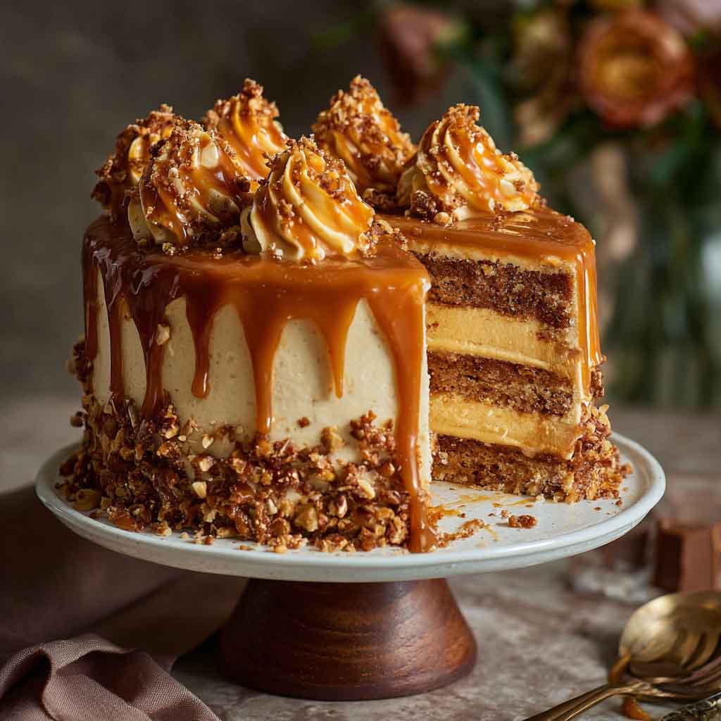 A decadent slice of caramel toffee crunch cake topped with gooey caramel drizzle and crushed toffee bits, served on a dessert plate with a fork.