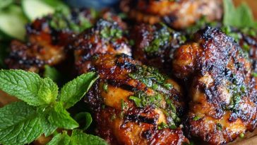 Juicy grilled lemongrass chicken (Gà Nướng Xả) with golden char marks, garnished with fresh herbs and lime wedges, served over jasmine rice.