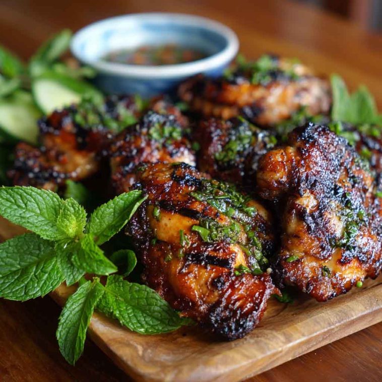 Juicy grilled lemongrass chicken (Gà Nướng Xả) with golden char marks, garnished with fresh herbs and lime wedges, served over jasmine rice.