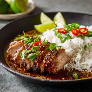 Zesty ginger lime pork slices served over creamy coconut rice, garnished with fresh cilantro, lime wedges, and chili flakes on a ceramic plate.